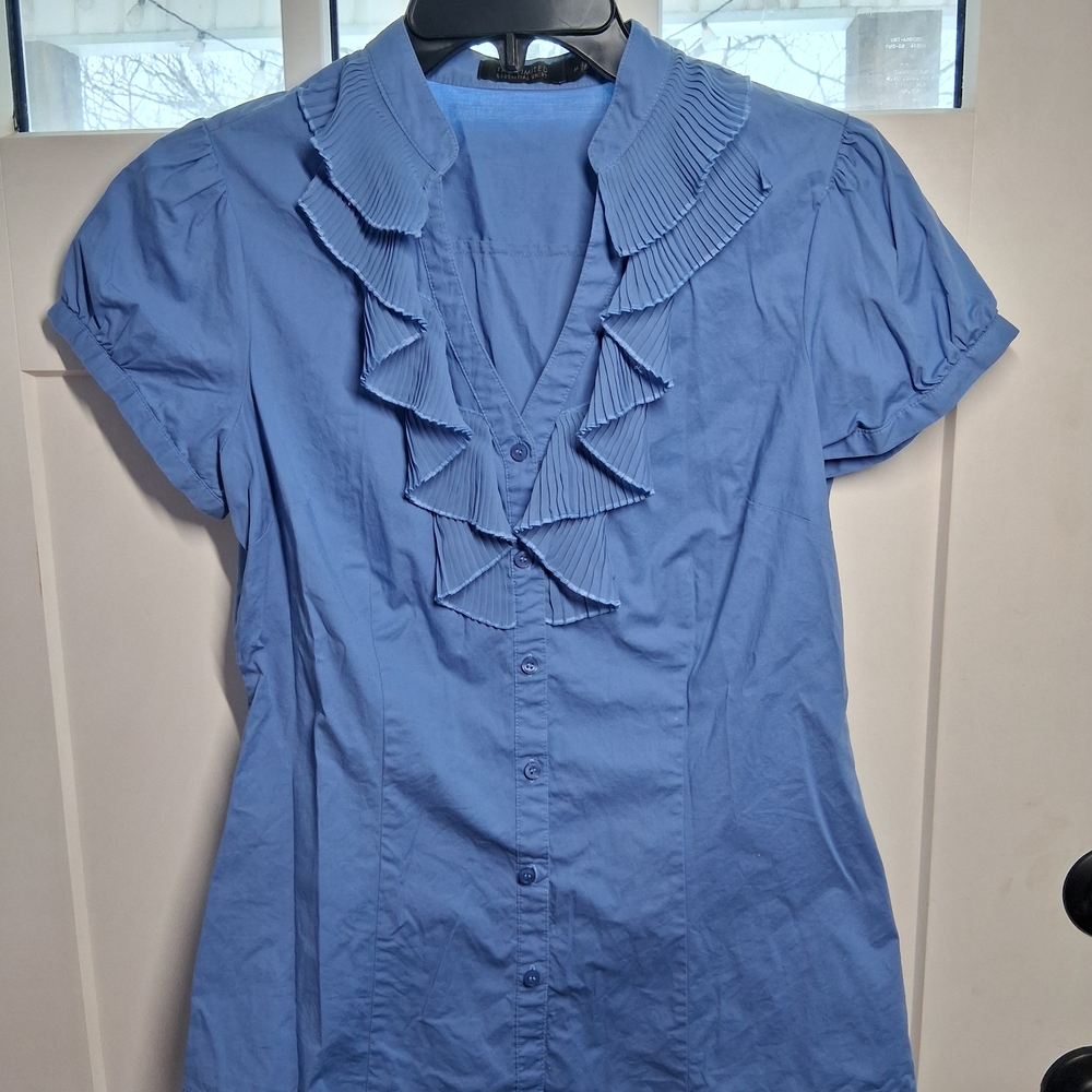 The Limited Blue Ruffle Front Blouse